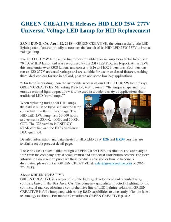 GREEN CREATIVE Releases HID LED 25W 277V Universal Voltage LED Lamp for HID Replacement