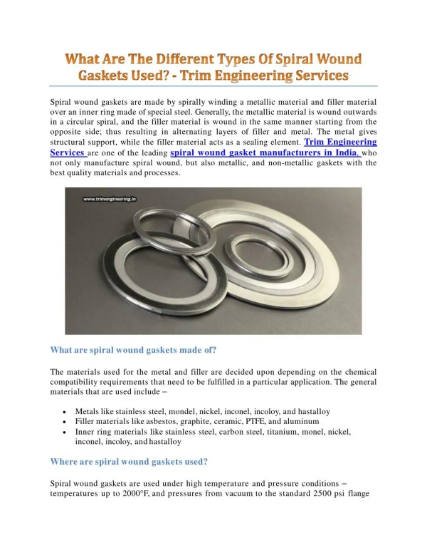 What Are The Different Types Of Spiral Wound Gaskets Used? - Trim Engineering Services