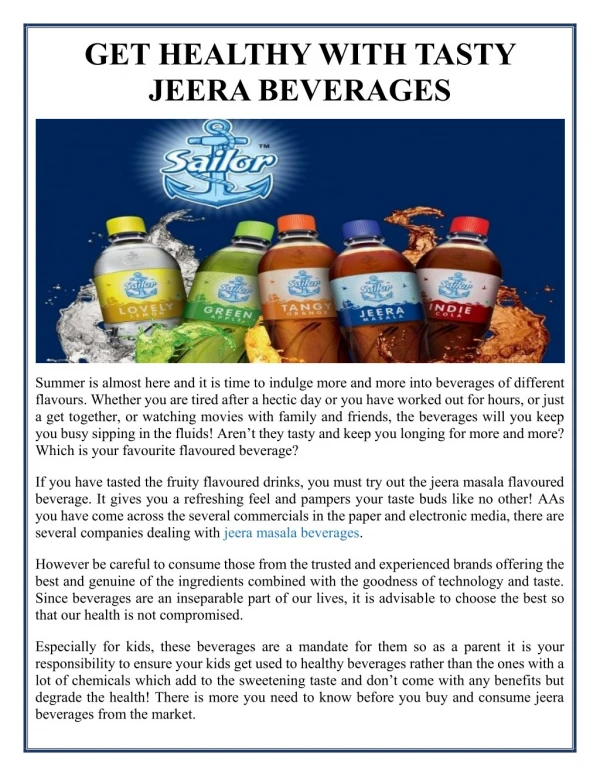 GET HEALTHY WITH TASTY JEERA BEVERAGES