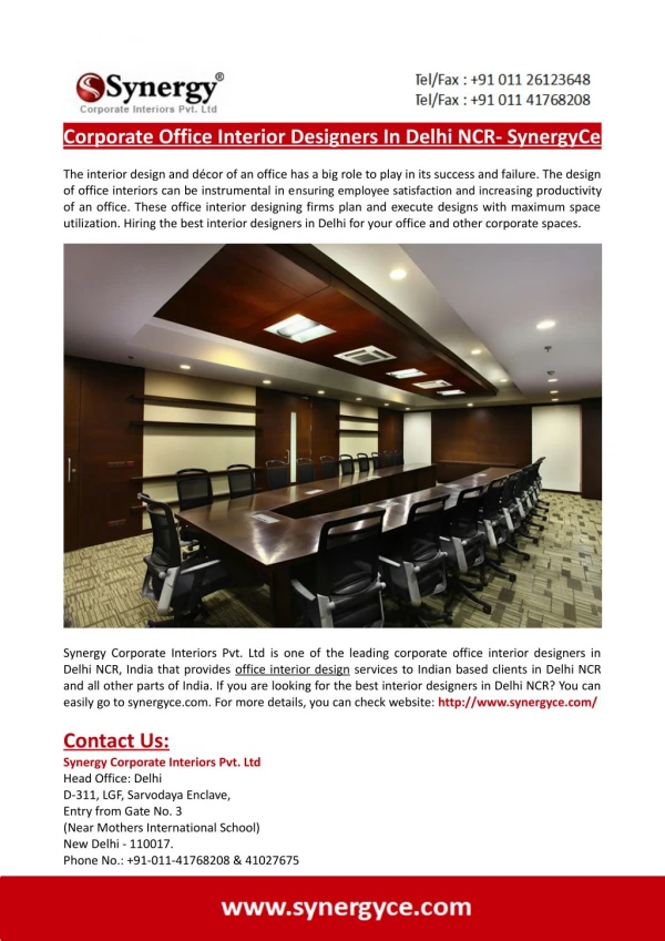 Corporate Office Interior Designers In Delhi NCR- SynergyCe