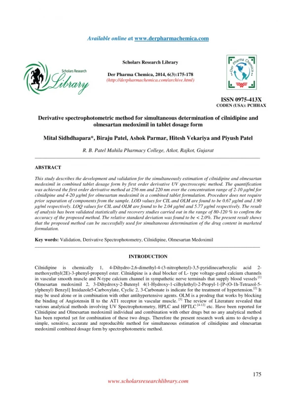 Derivative spectrophotometric method for simultaneous determination of cilnidipine and olmesartan medoximil in tablet do