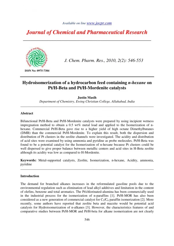 Hydroisomerization of a hydrocarbon feed containing n-hexane on Pt/H-Beta and Pt/H-Mordenite catalysts