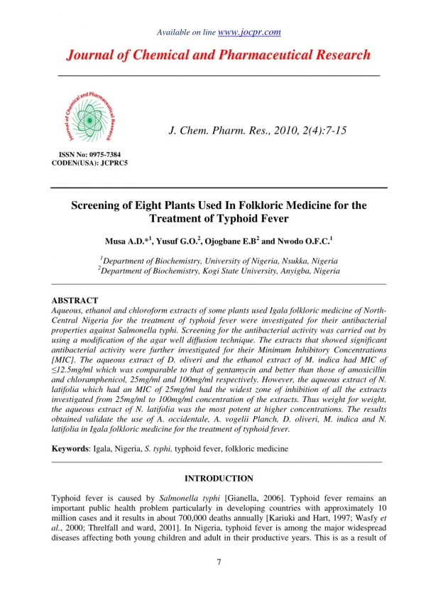 Screening of Eight Plants Used In Folkloric Medicine for the Treatment of Typhoid Fever