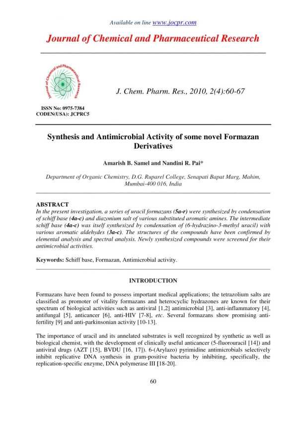 Synthesis and Antimicrobial Activity of some novel Formazan Derivatives