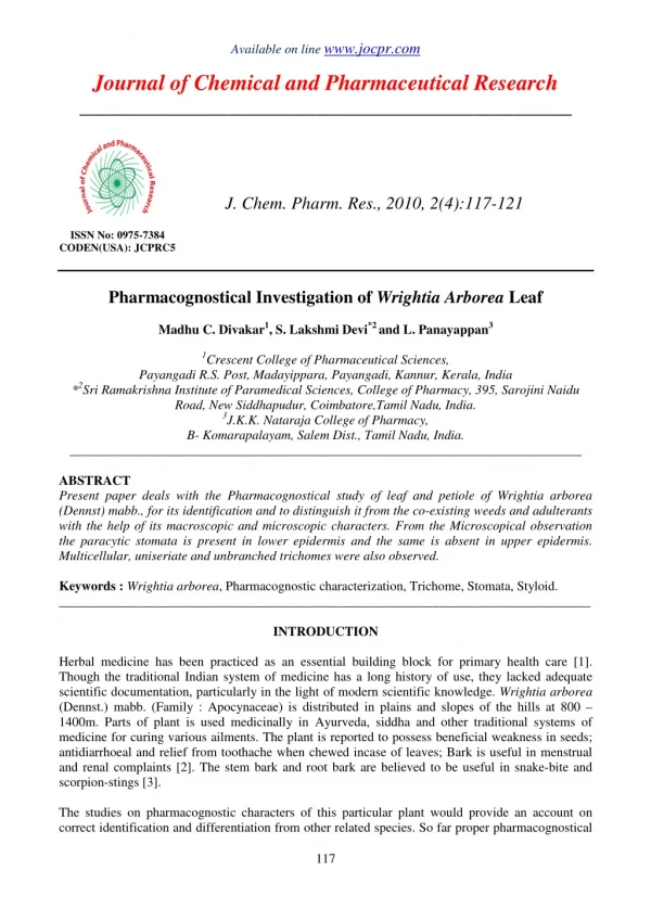 Pharmacognostical Investigation of Wrightia Arborea Leaf