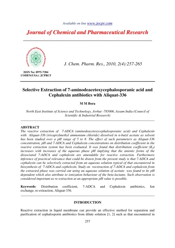 Selective Extraction of 7-aminodeacetoxycephalosporanic acid and Cephalexin antibiotics with Aliquat-336