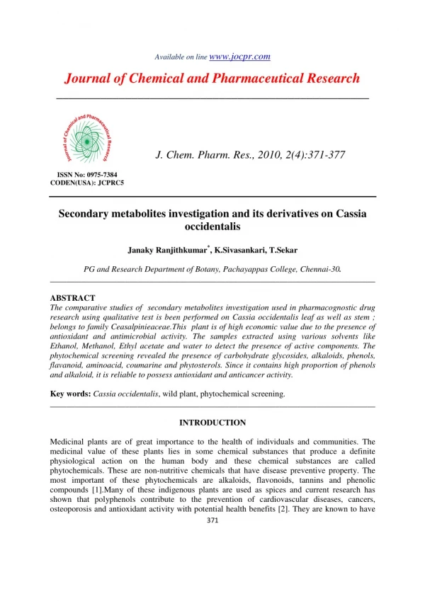 Secondary metabolites investigation and its derivatives on Cassia occidentalis