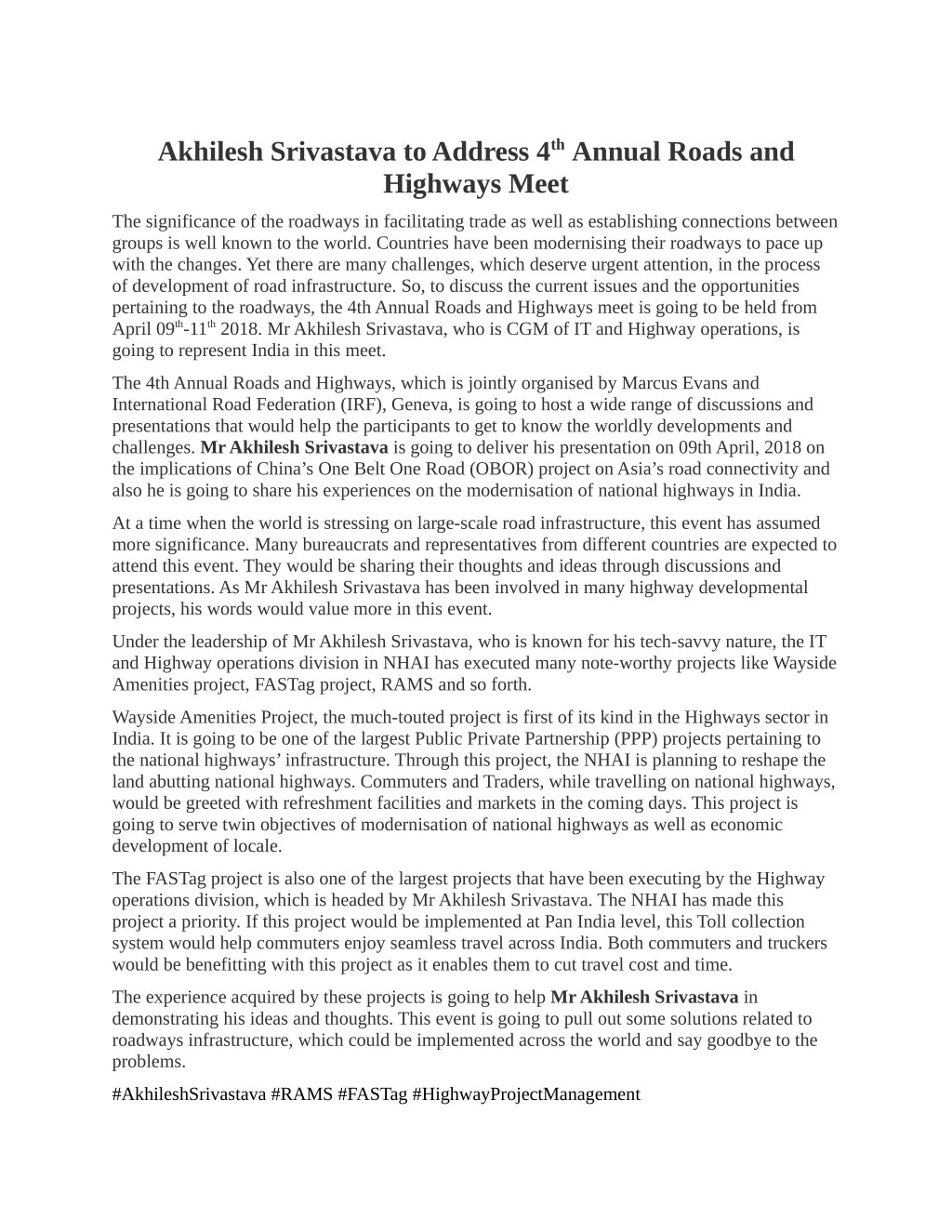 akhilesh srivastava to address 4 th annual roads