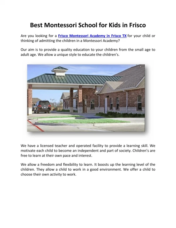Best Frisco Montessori Academy in Frisco TX