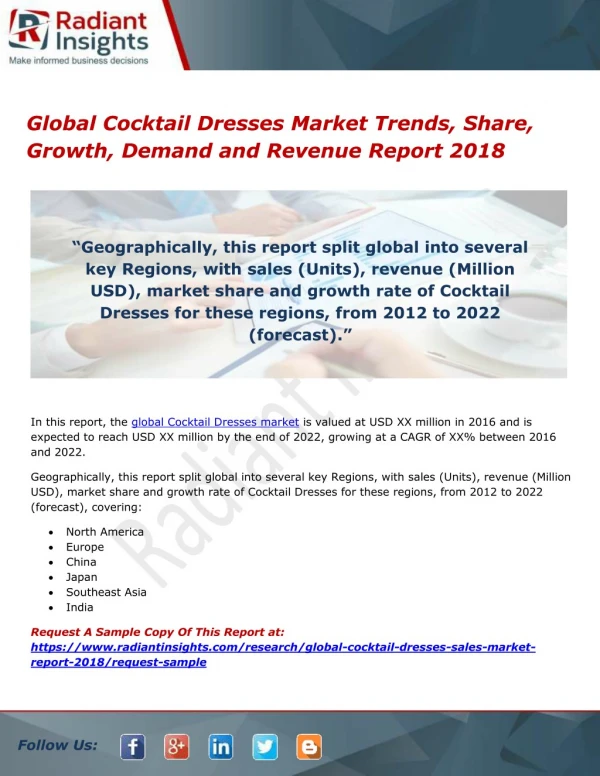 Global Cocktail Dresses Market Trends, Share, Growth, Demand and Revenue Report 2018