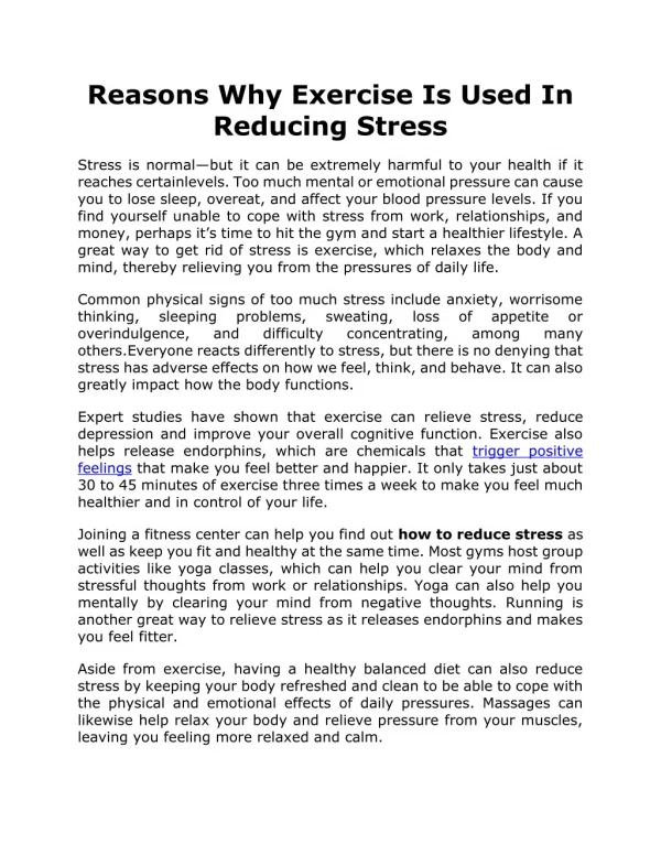 Reasons Why Exercise Is Used In Reducing Stress