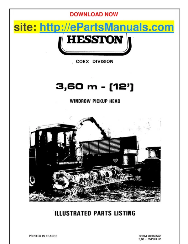 Hesston 3.60 Parts Manual for Windrow Pickup Head Tractor