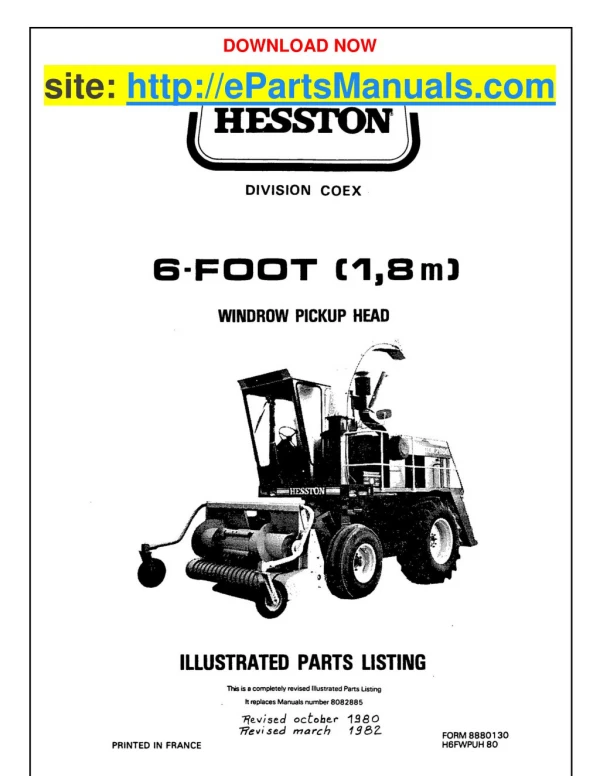 Hesston 6 Foot Parts Manual for Windrow Pickup Head
