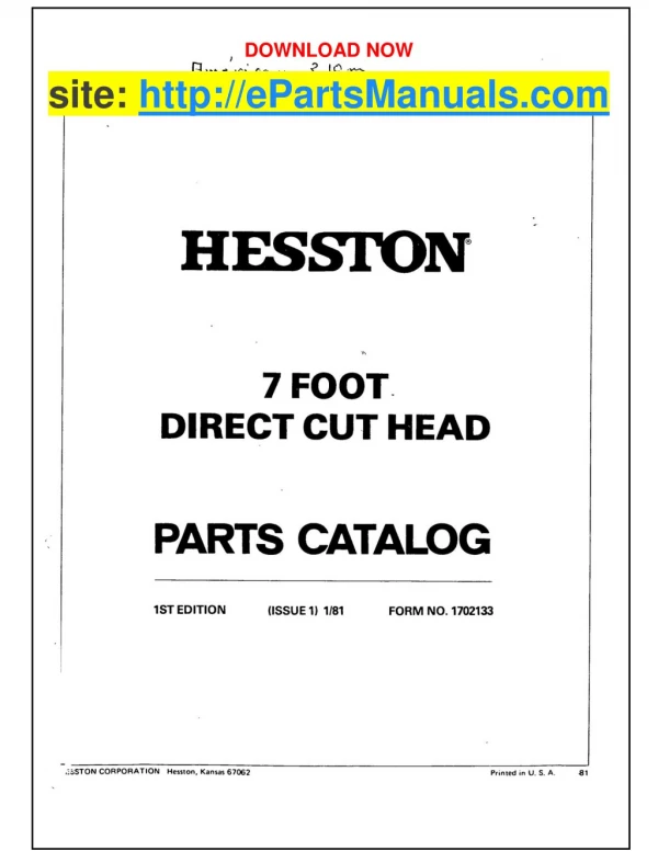 Hesston 7 Foot Parts Manual for Direct Cut Head