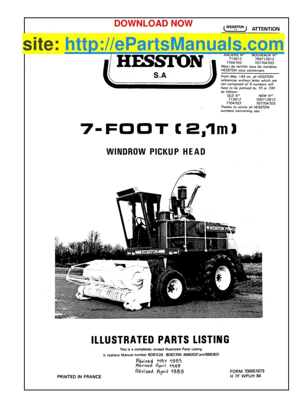 Hesston 7 Foot Parts Manual for Windrow Pickup Head