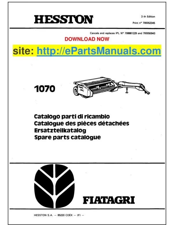 Hesston 1070 Parts Manual for Agri Tractor