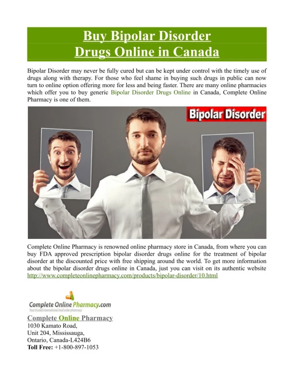 Buy Bipolar Disorder Drugs Online in Canada