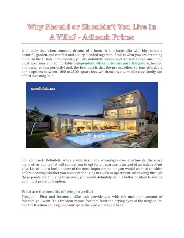Why Should Or Shouldn’t You Live In A Villa? - Adisesh Prime