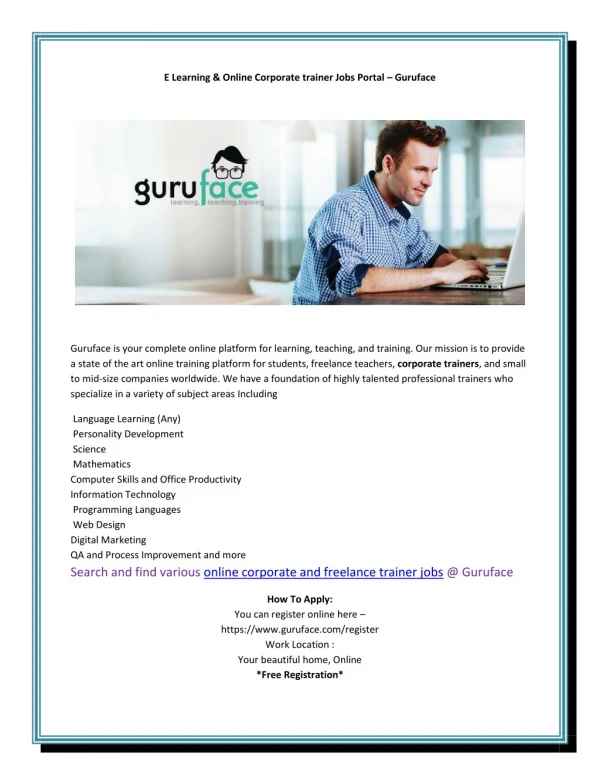 Online Corporate trainer Jobs Portal â€“ Guruface