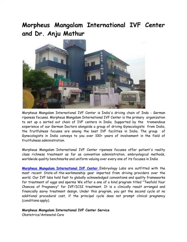 Morpheus Mangalam International IVF Center and Dr. Anju Mathur
