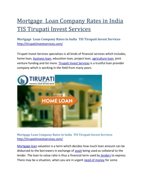 Mortgage Loan Company Rates in India TIS Tirupati Invest Services