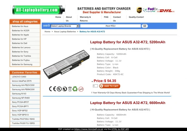Laptop Battery for ASUS A32-K72