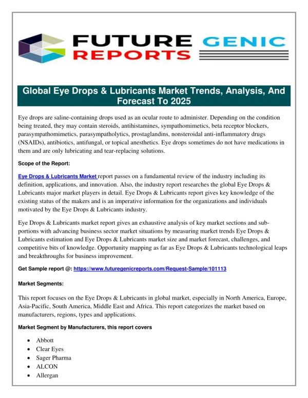 Eye Drops & Lubricants Market 2023: Healthcare Industry Demand, Eye Drops & Lubricants Market Growth, Analysis & Forecas