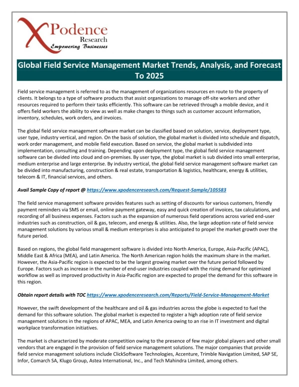 Field Service Management Market Global Trend, Business Profit and Future Scope of the Report 2025