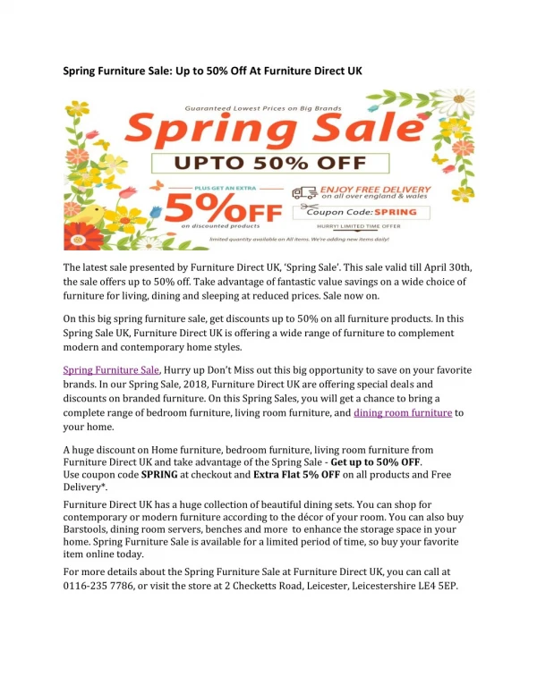 Spring Furniture Sale: Up to 50% Off At Furniture Direct UK