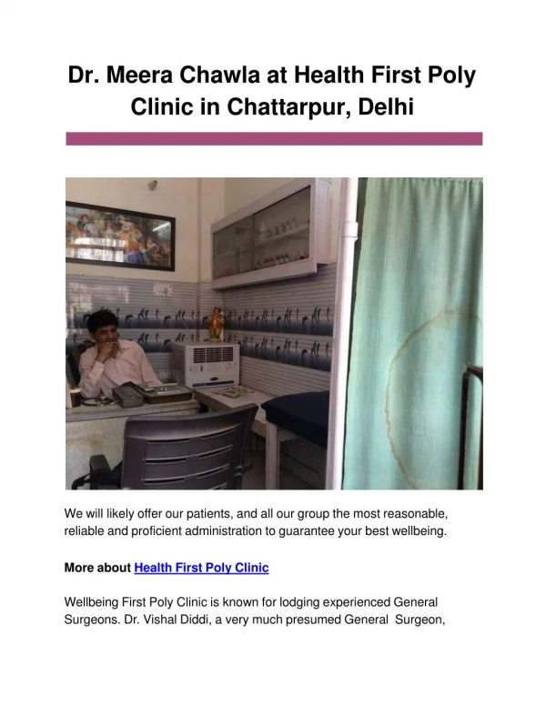 Dr. Meera Chawla at Health First Poly Clinic in Chattarpur, Delhi