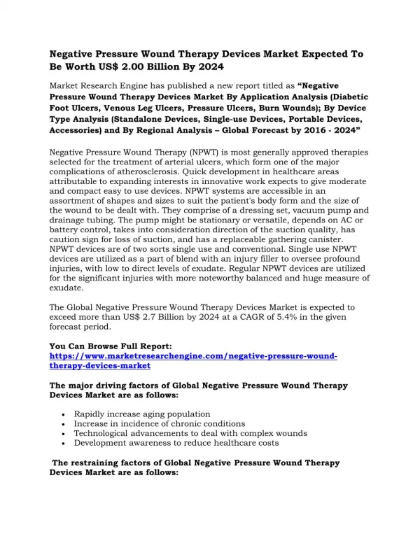 Negative Pressure Wound Therapy Devices Market Expected To Be Worth US$ 2.00 Billion By 2024