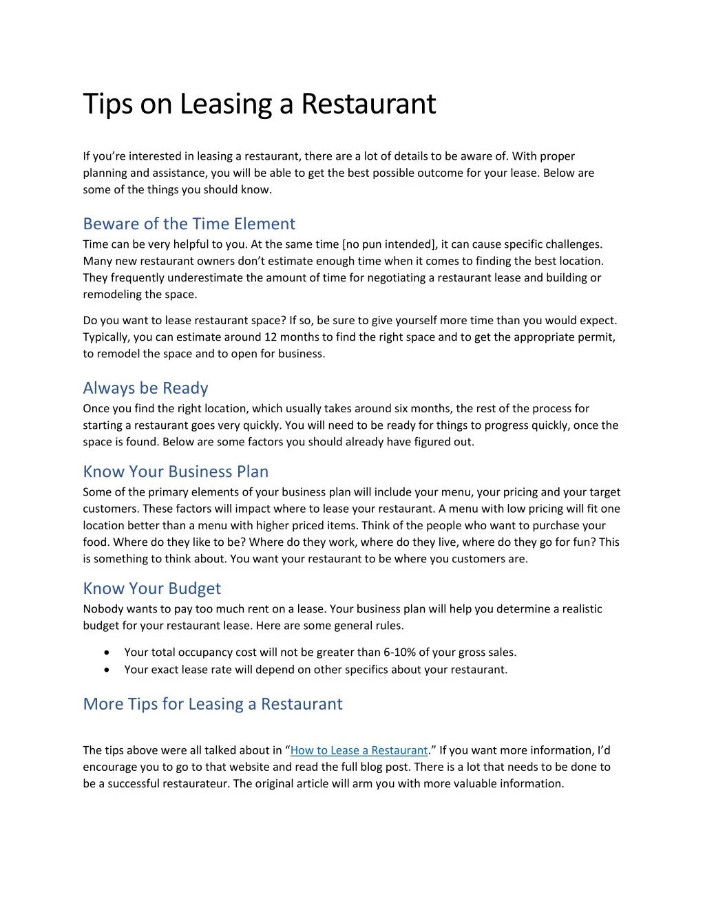 tips on leasing a restaurant
