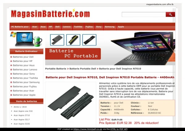 Batterie pour Dell Inspiron N7010, Dell Inspiron N7010 Portable Batterie