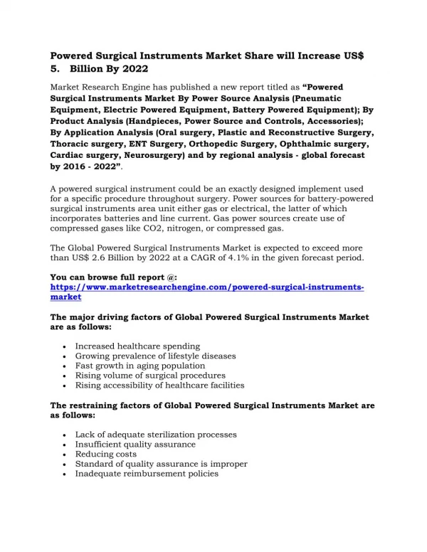 Powered Surgical Instruments Market Share will Increase US$ 2.5 Billion By 2022