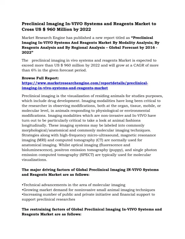 Preclinical Imaging In-VIVO Systems and Reagents Market to Cross US $ 960 Million by 2022
