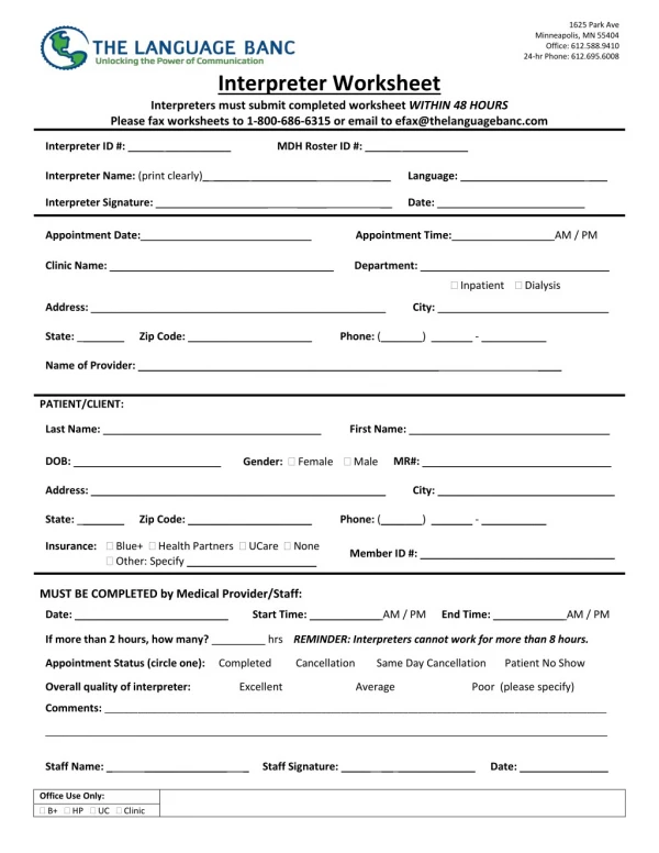 Interpreter Worksheet for Interpreting Solutions to Patients