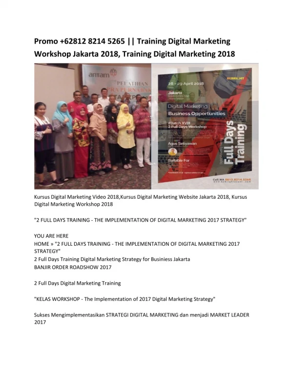Promo 62812 8214 5265 || Training Digital Marketing Workshop Jakarta 2018, Training Digital Marketing 2018