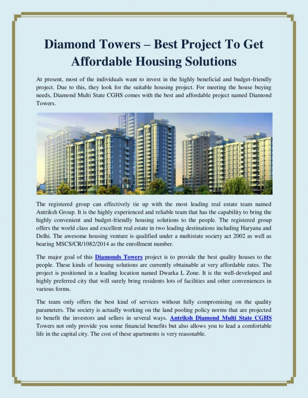 Diamond towers-Best project to get affordable housing solutions
