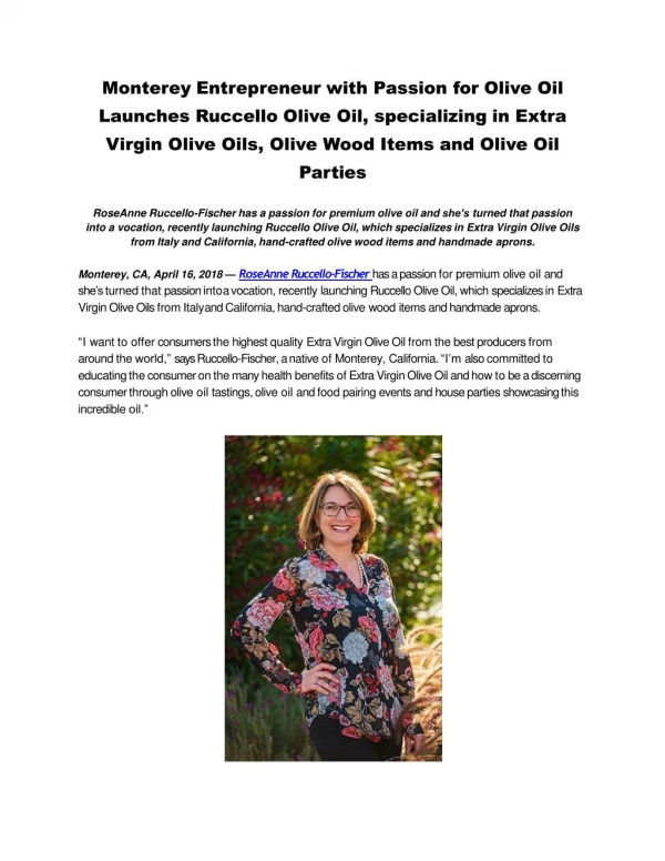 Monterey Entrepreneur with Passion for Olive Oil Launches Ruccello Olive Oil, specializing in Extra Virgin Olive Oils, O