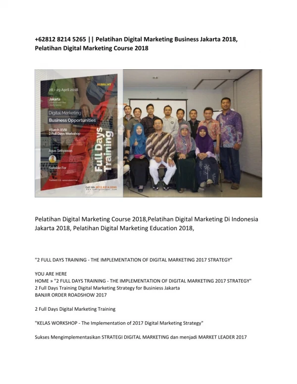 62812 8214 5265 || Pelatihan Digital Marketing Business Jakarta 2018, Pelatihan Digital Marketing Course 2018