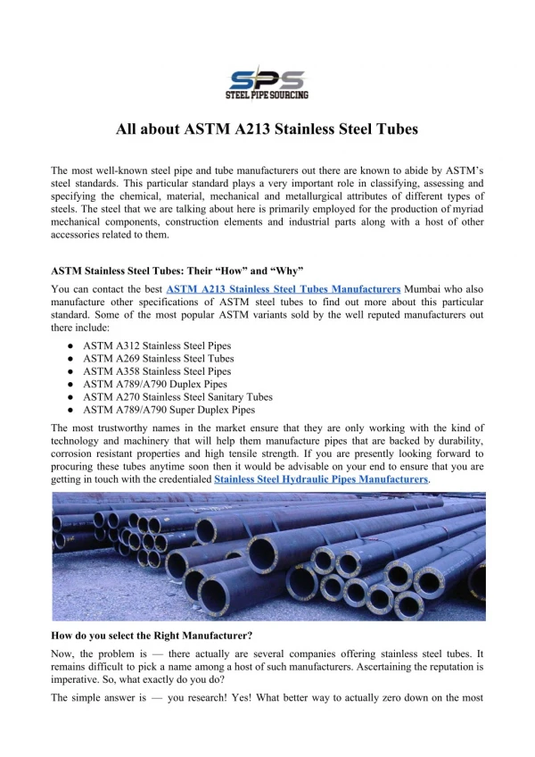 All about ASTM A213 Stainless Steel Tubes