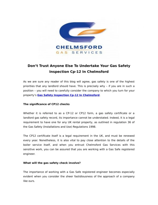 Don’t Trust Anyone Else To Undertake Your Gas Safety Inspection Cp-12 In Chelmsford