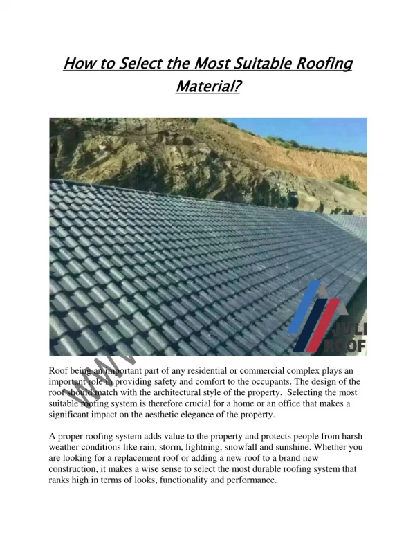 How to Select the Most Suitable Roofing Material?