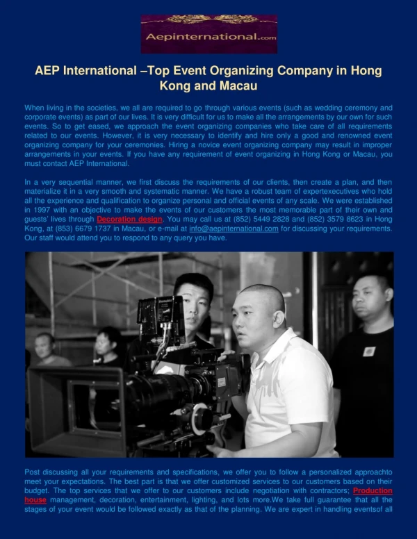 AEP International –Top Event Organizing Company in Hong Kongand Macau