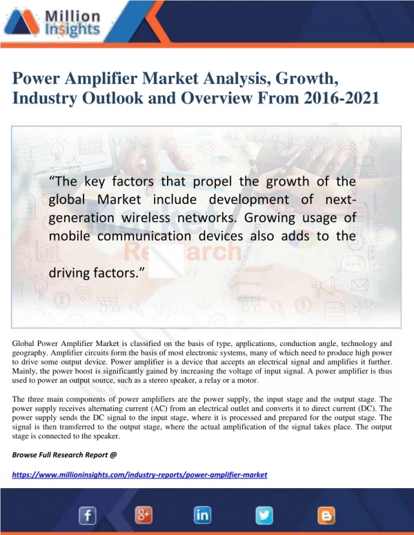 Power Amplifier Market Analysis, Growth, Industry Outlook and Overview From 2016-2021