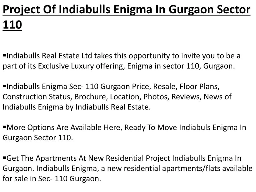 project of indiabulls enigma in gurgaon sector 110