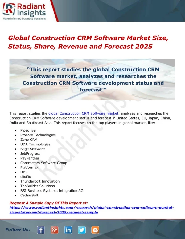 Global Construction CRM Software Market Size, Status, Share, Revenue and Forecast 2025