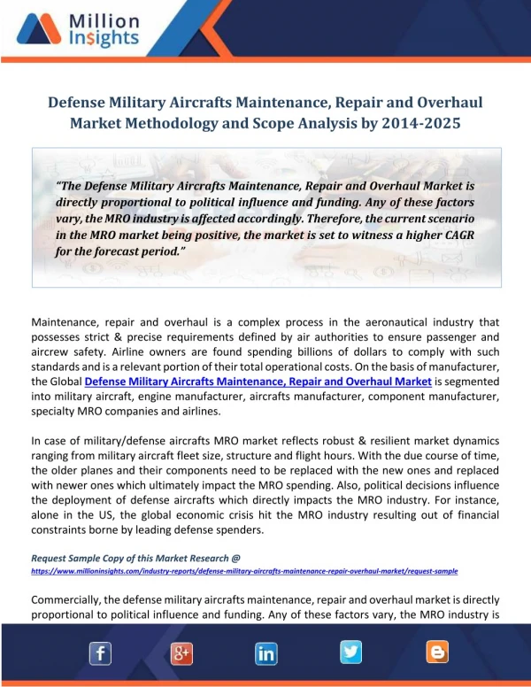 Defense Military Aircrafts Maintenance, Repair and Overhaul Market Methodology and Scope Analysis by 2014-2025