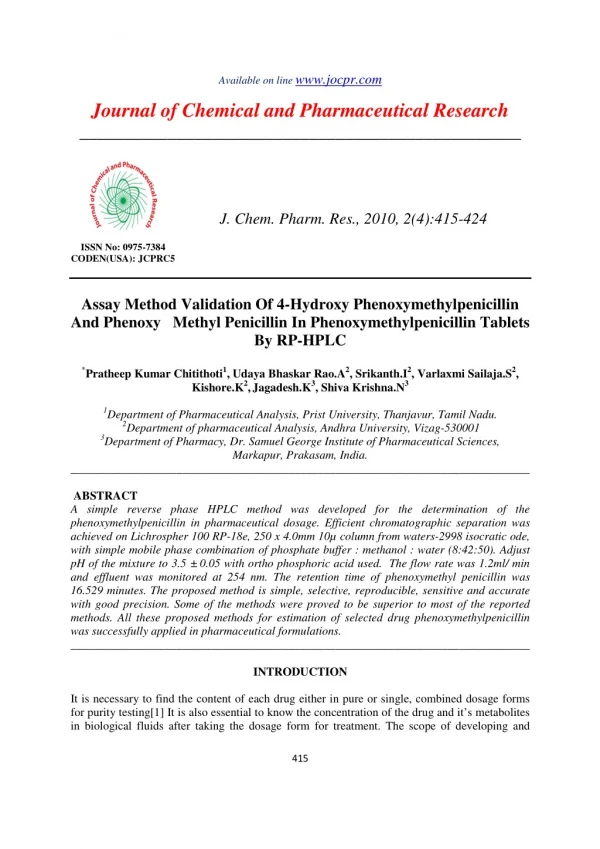 Assay Method Validation Of 4-Hydroxy Phenoxymethylpenicillin And Phenoxy Methyl Penicillin In Phenoxymethylpenicillin Ta