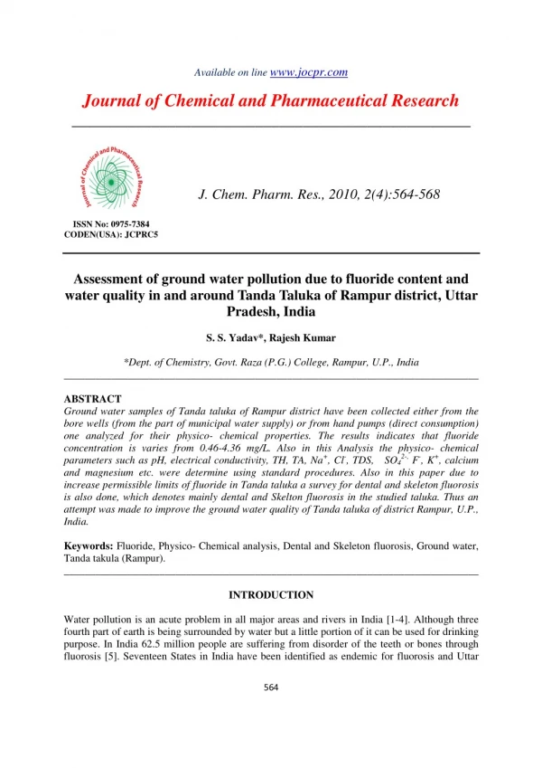 Assessment of ground water pollution due to fluoride content and water quality in and around Tanda Taluka of Rampur dist